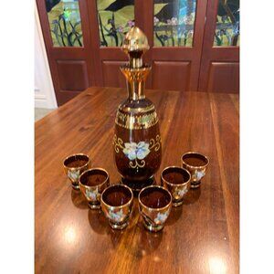 Vintage Mid Century Ruby Red Bohemian Venetian Decanter Shot Glasses.